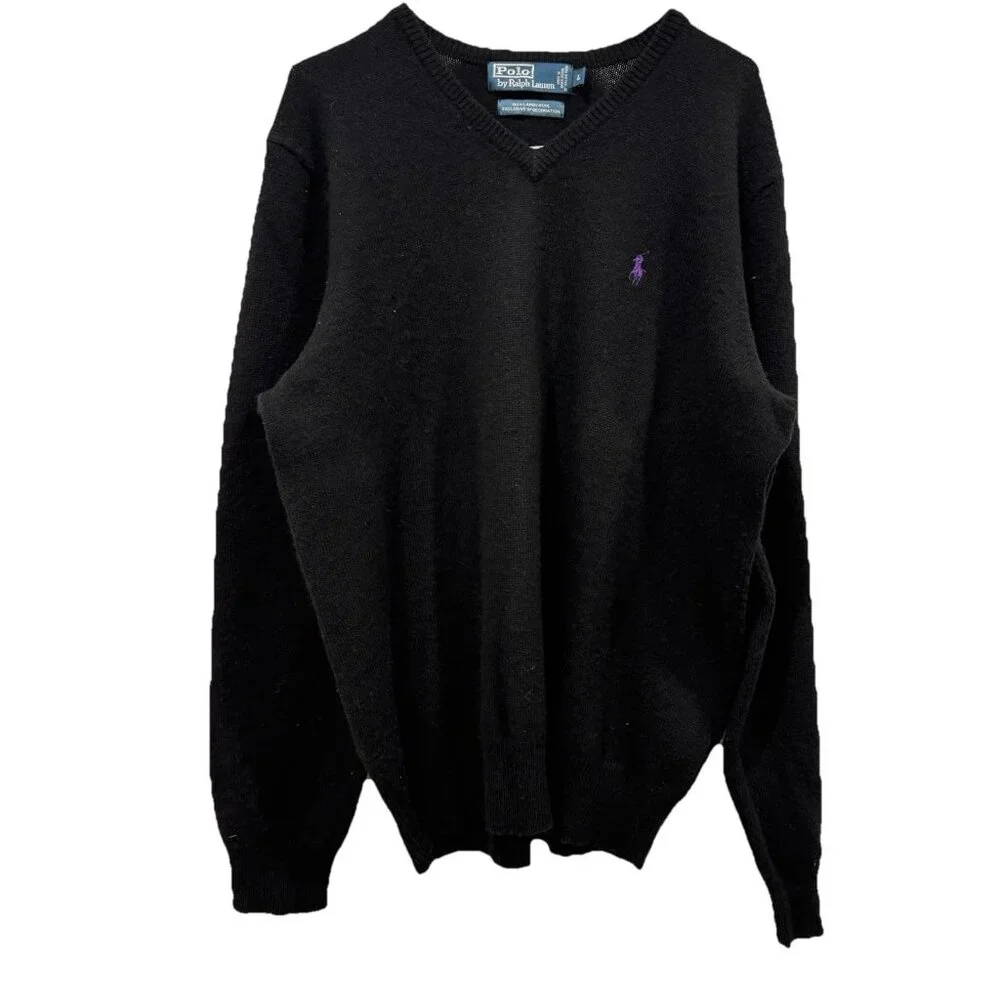 POLO Ralph Lauren Men's‎ Black Sweater Size Large V-Neck 100% Lambs Wool